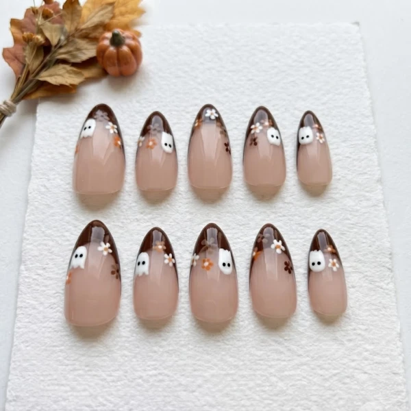 Brown Ghost Floral French Tip, Press On Nails, Autumn Halloween Nail Art