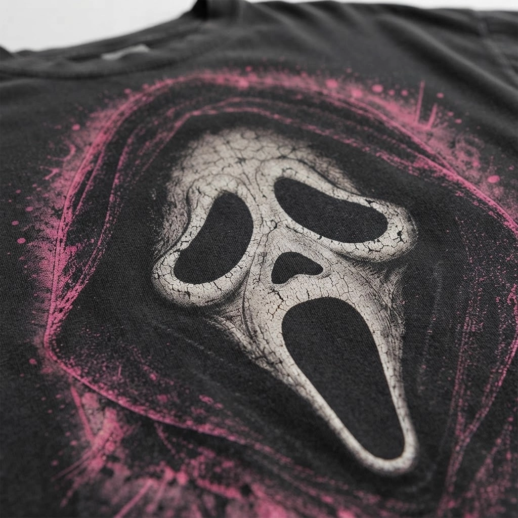 Ghostface Pink Paint Splatter Mask Design, Oversized Tee, Spooky Goth Halloween