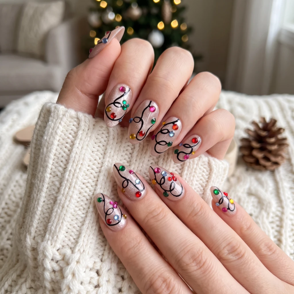 Pink Shimmer Christmas String Light Rhinestones, Press On Nails, Holiday Party
