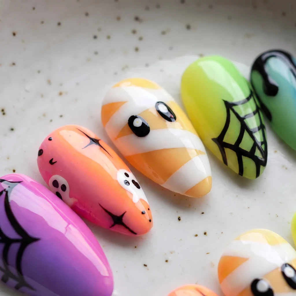 Colorful Spooky Halloween Ghost Mummy Art, Almond Press On Nails, Party Wear