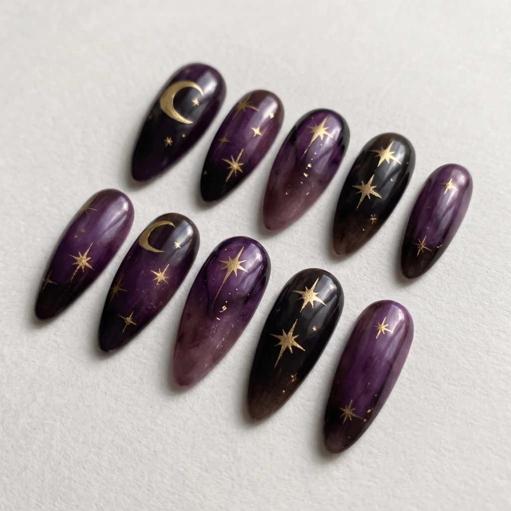 Dark Purple Gold Star And Moon, Gothic Press On Nails, Night Party Gift Idea