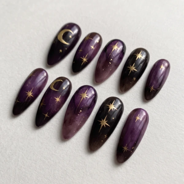 Dark Purple Gold Star And Moon, Gothic Press On Nails, Night Party Gift Idea