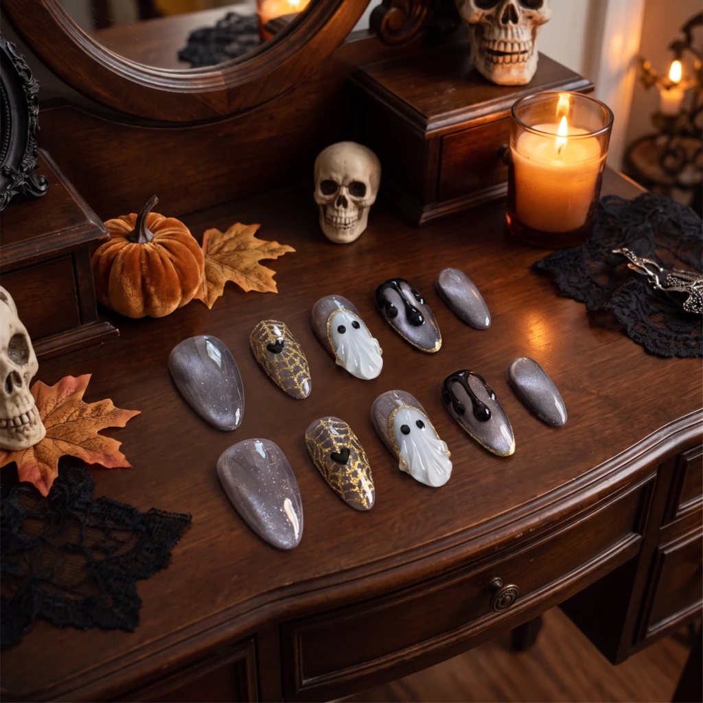 Grey Ghost And Spiderweb, Gothic Cat Eye Press On Nails, Halloween Gift