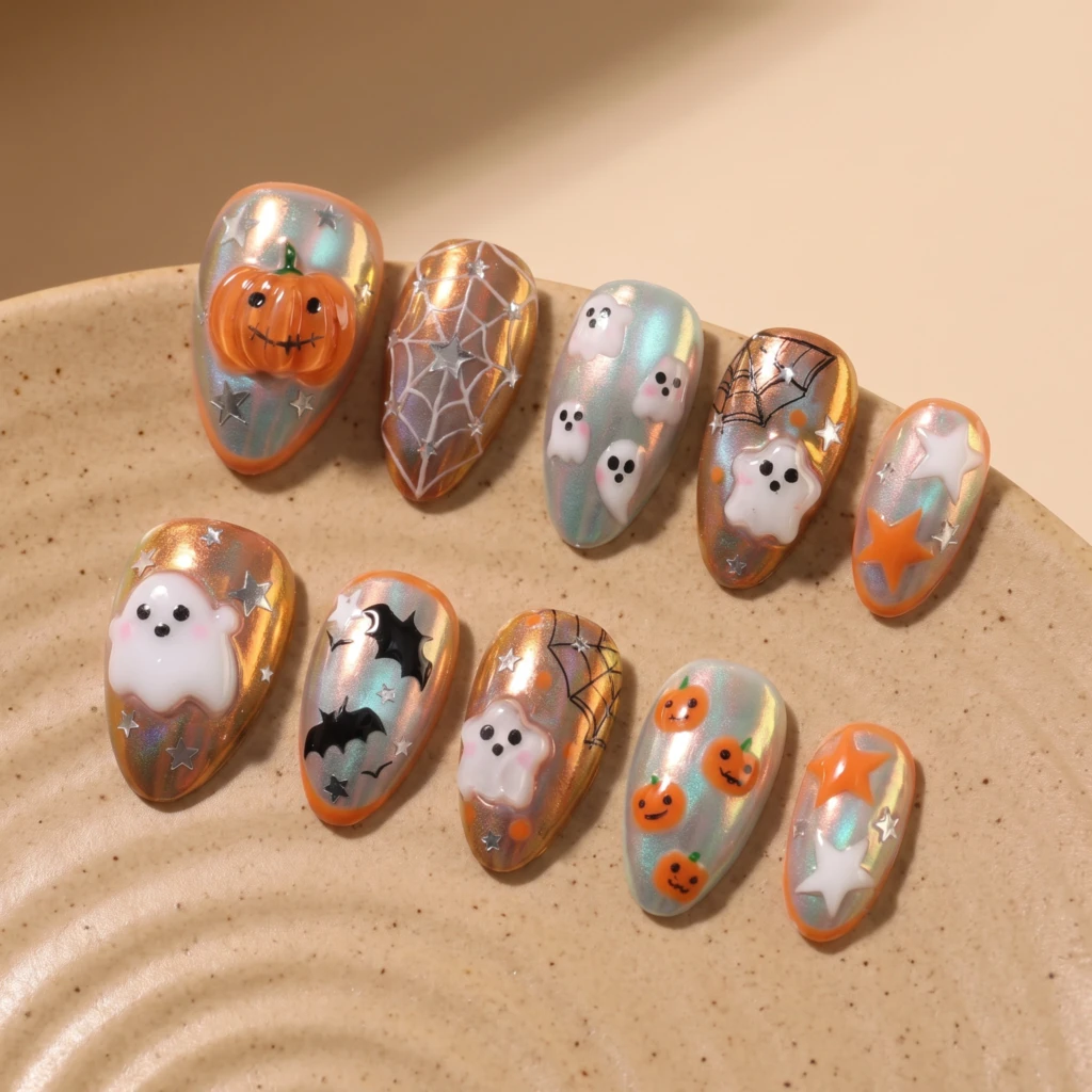 Orange Green 3D Ghost Pumpkin, Medium Almond Nails, Kawaii Halloween Nail Art