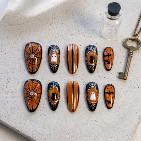 Black Orange Spiderweb Bat Nails, Long Almond Press On Nails, Halloween Party