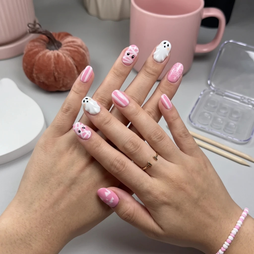 Pink Ghost And Mummy Pattern, Handmade Press On Nails, Spooky Halloween Gift