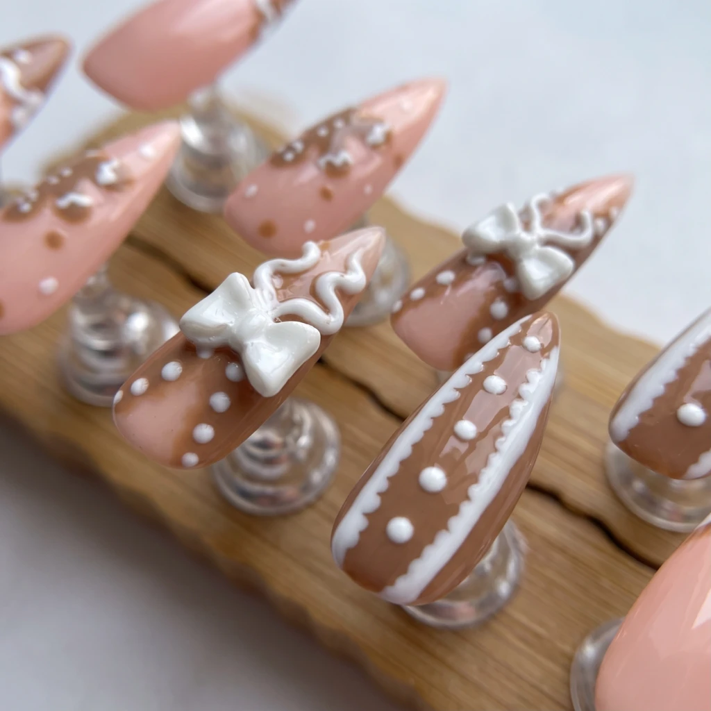 Brown Gingerbread Cookie Bows, Almond Press On Nails, Christmas Manicure