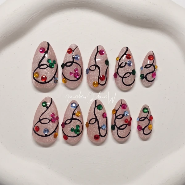 Pink Shimmer Christmas String Light Rhinestones, Press On Nails, Holiday Party