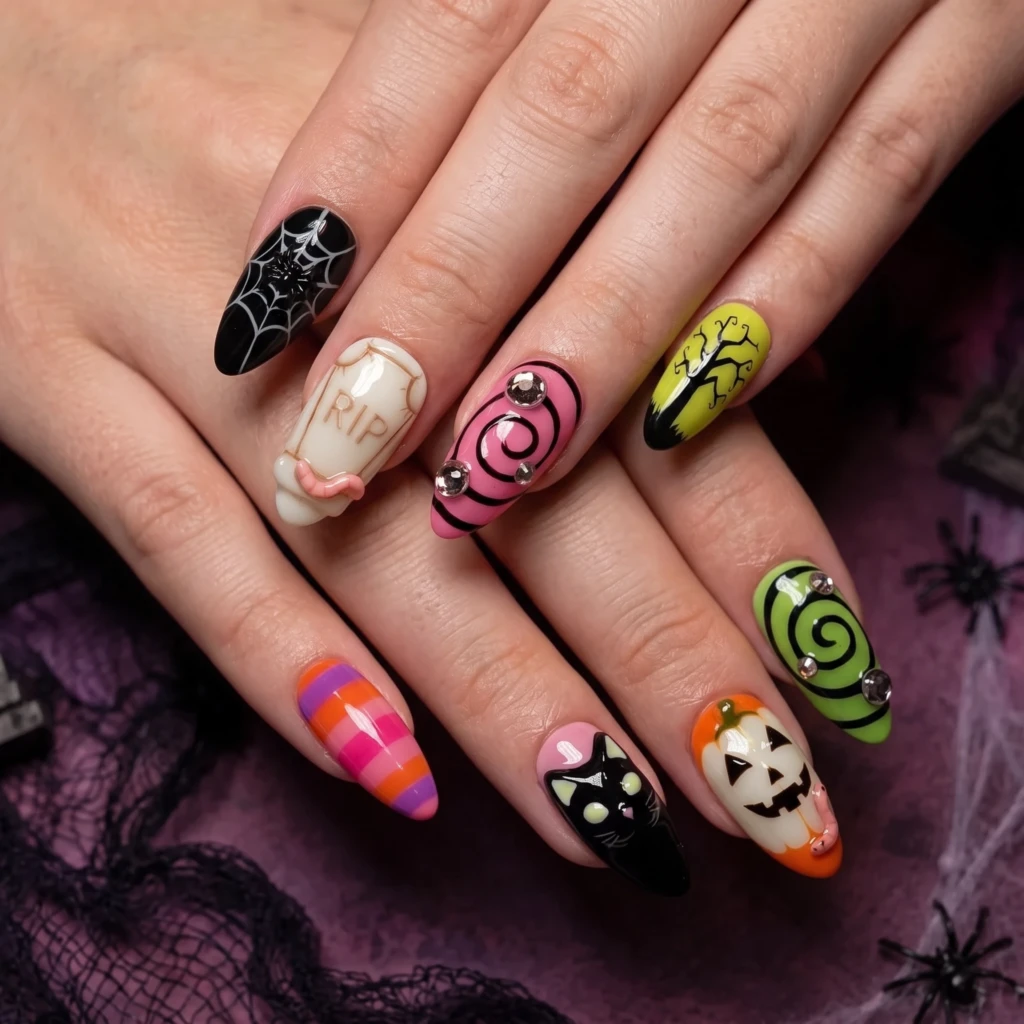 Colorful 3D Halloween Ghost Pumpkins, Press On Nails, Spooky Costume Party