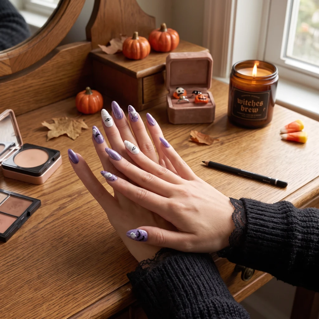 Purple Ghost Mummy Bat Press-On Nails, Halloween Party Set