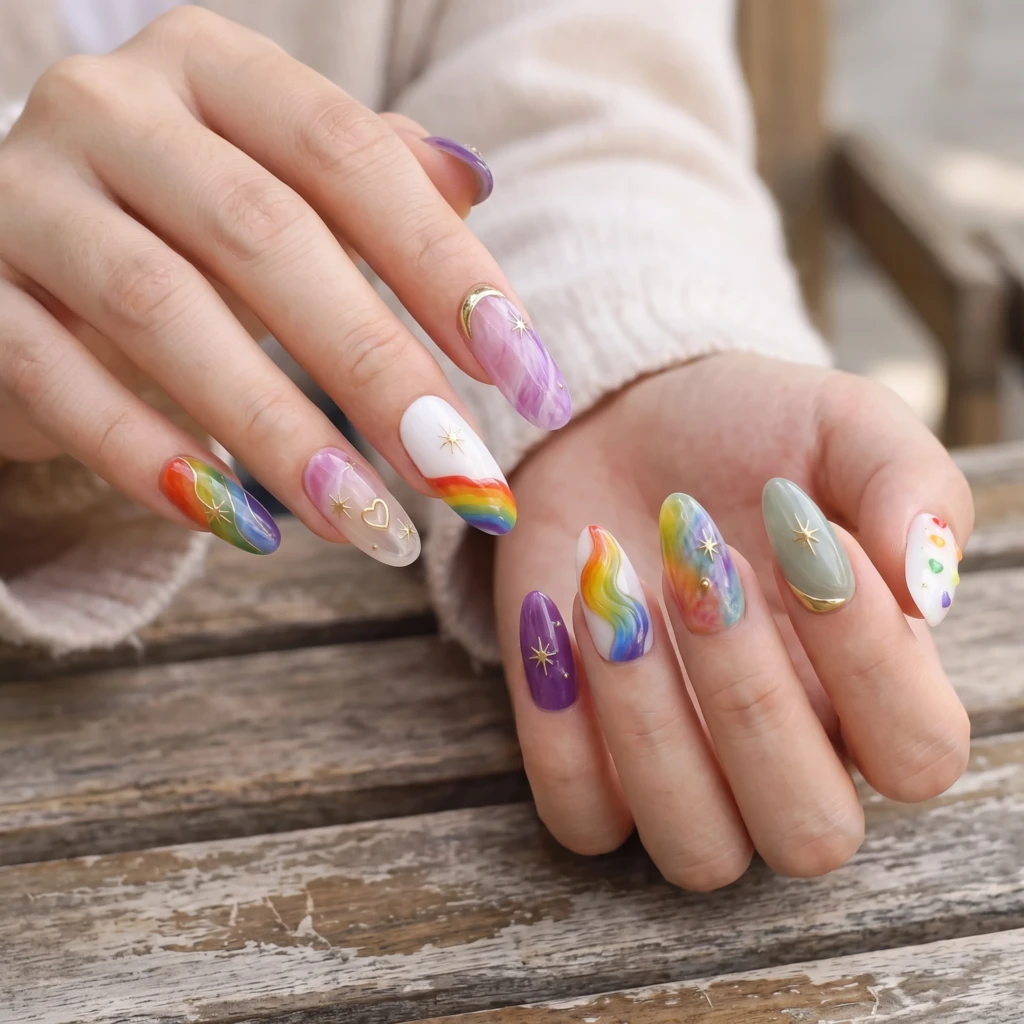 Rainbow Celestial Star Moon, Press On Nails Set, Pride Month Celebration