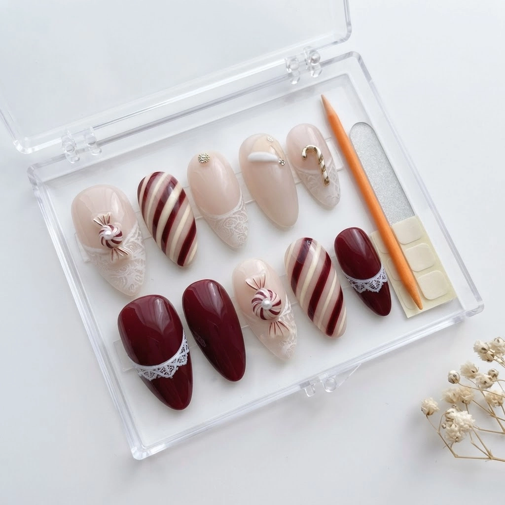 Burgundy Candy Cane Lace Design, Press On Nails Set, For Christmas Holiday