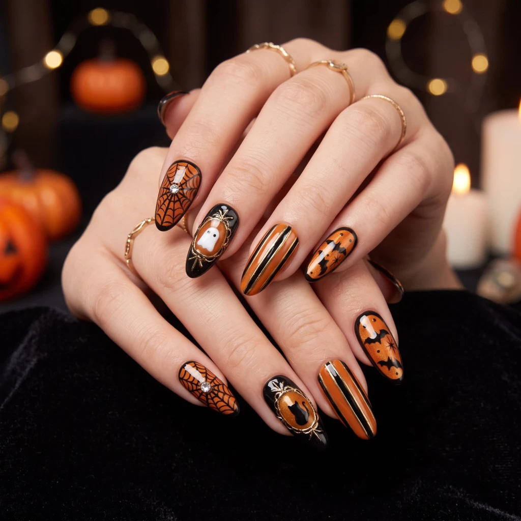 Black Orange Spiderweb Bat Nails, Long Almond Press On Nails, Halloween Party