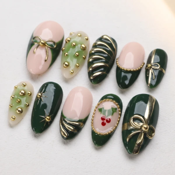 Green And Pink Chrome Ribbon Bows, Almond Press On Nails, Holiday Christmas