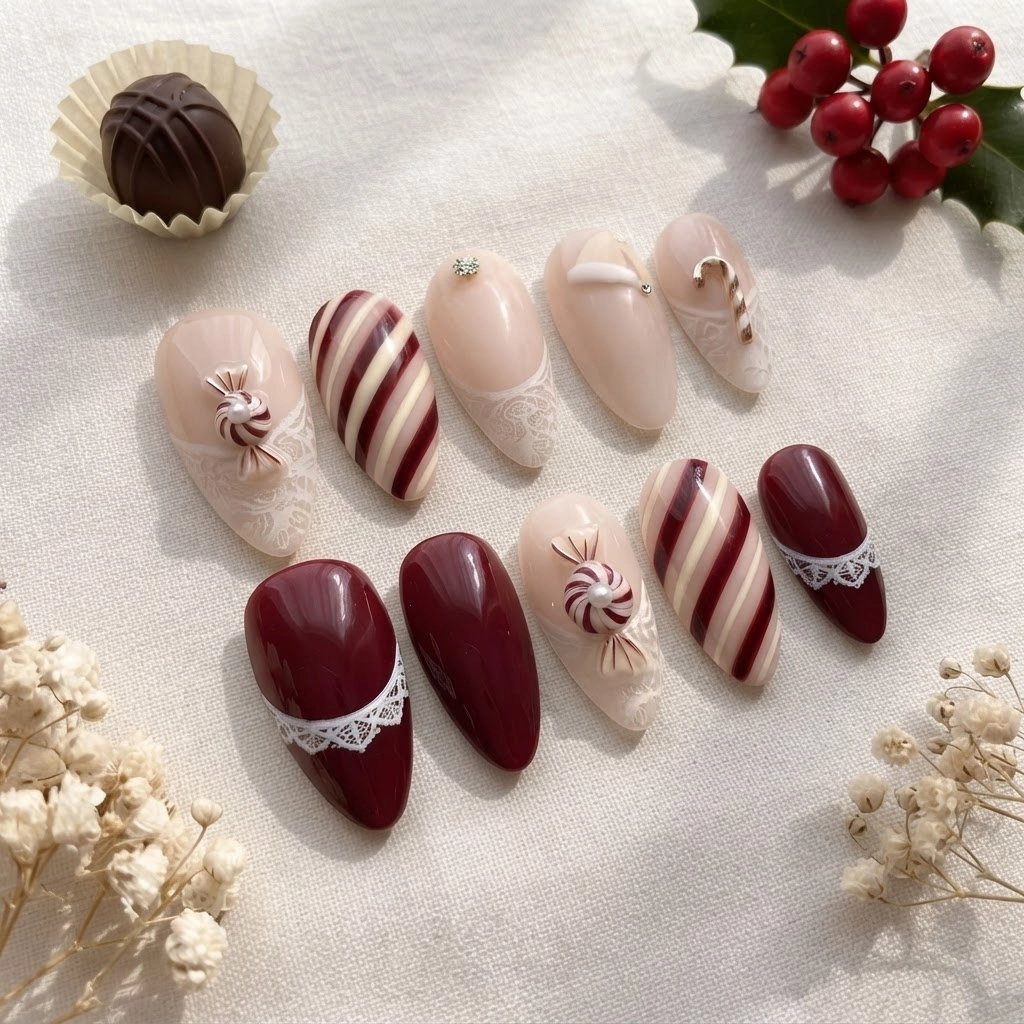 Burgundy Candy Cane Lace Design, Press On Nails Set, For Christmas Holiday