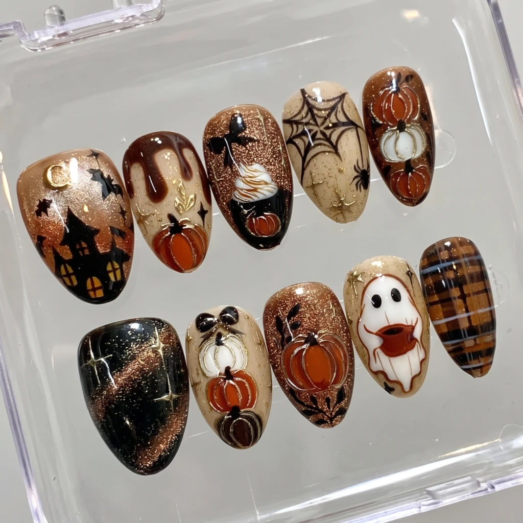 Brown Haunted House And Ghost, Glossy Press On Nails, For Halloween Manicure