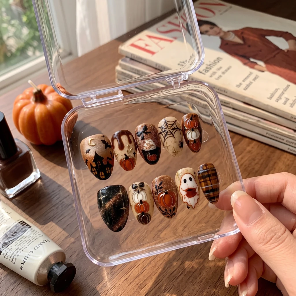 Brown Haunted House And Ghost, Glossy Press On Nails, For Halloween Manicure