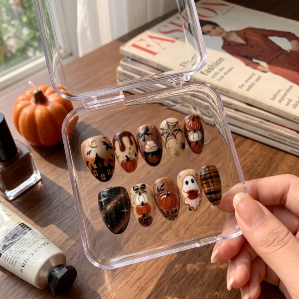 Brown Haunted House And Ghost, Glossy Press On Nails, For Halloween Manicure