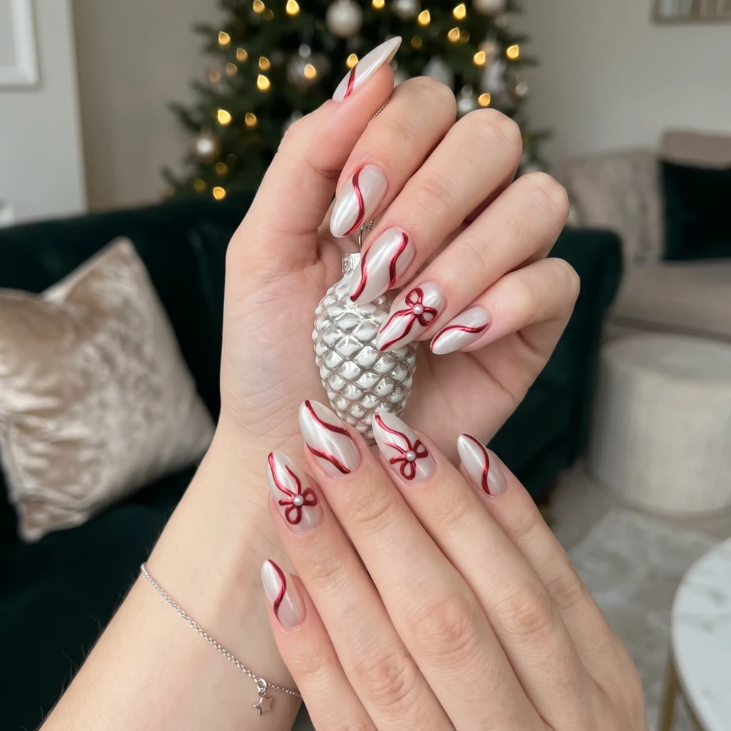 White Chrome Metallic Red Bows, Almond Press On Nails, Elegant Holiday Gift