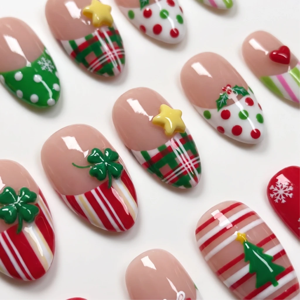 Red And Green 3D Christmas Tree Art, Press On Nails, Holiday Winter Party
