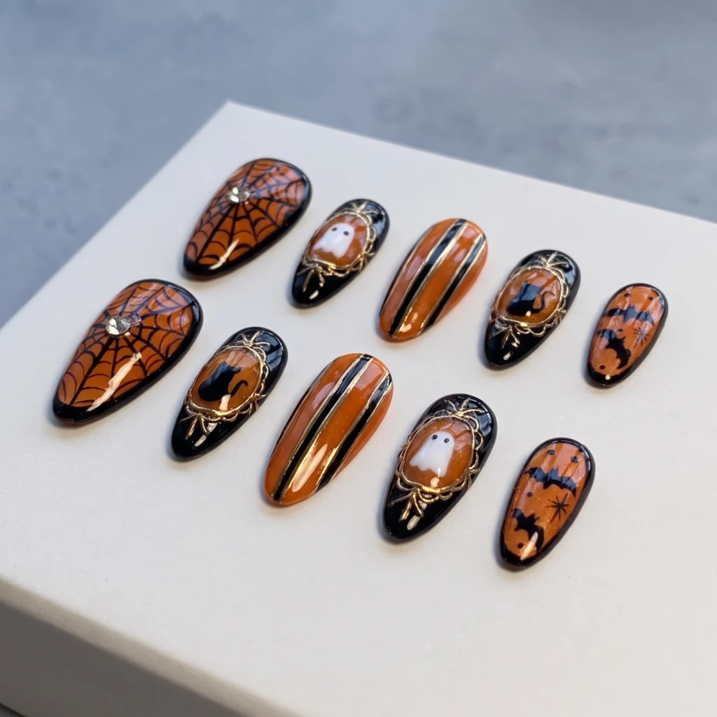 Black Orange Spiderweb Bat Nails, Long Almond Press On Nails, Halloween Party