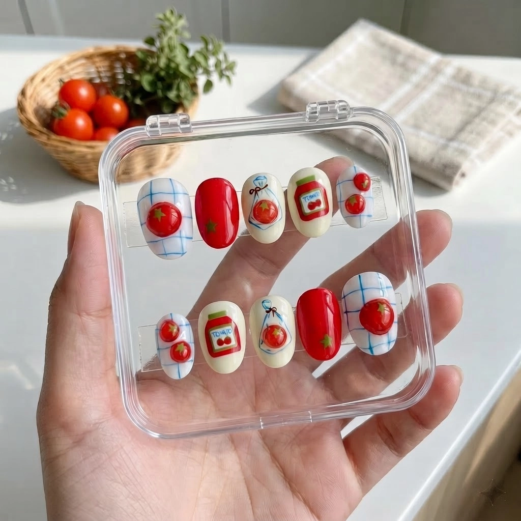 Red And White 3D Tomato Nail Art, Press On Nails, Quirky Summer Manicure