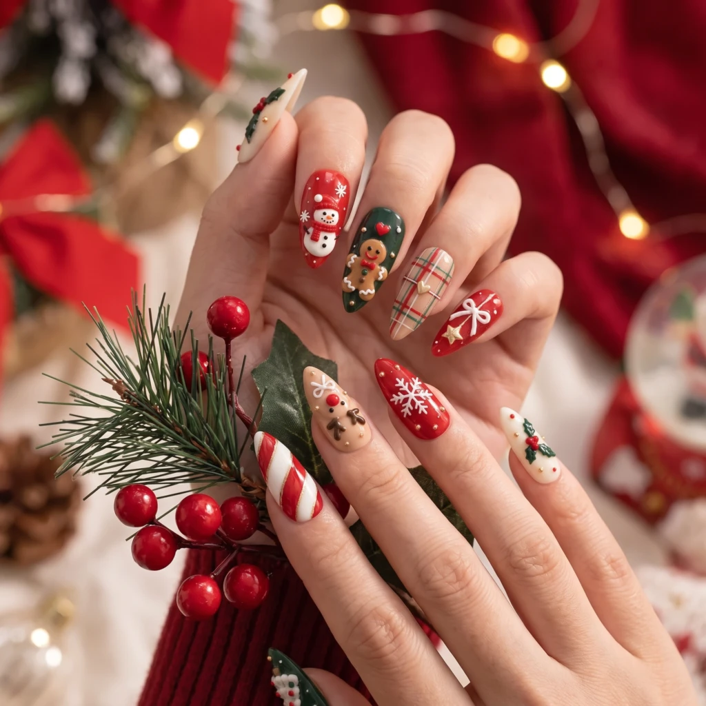 Red And Green Gingerbread Snowman Art, Press On Nails, Christmas Party Wear
