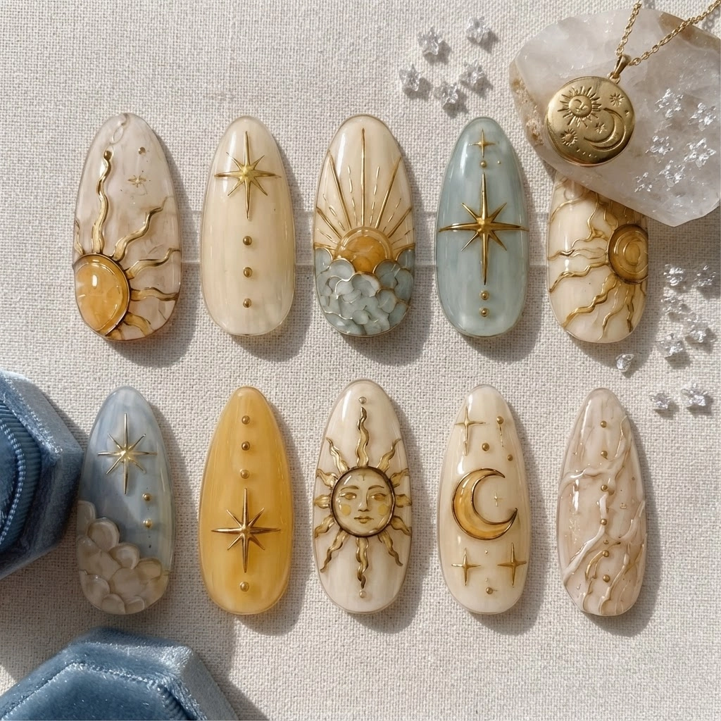 Gold Beige Celestial Sun Moon Design, Press On Nails, Special Occasions