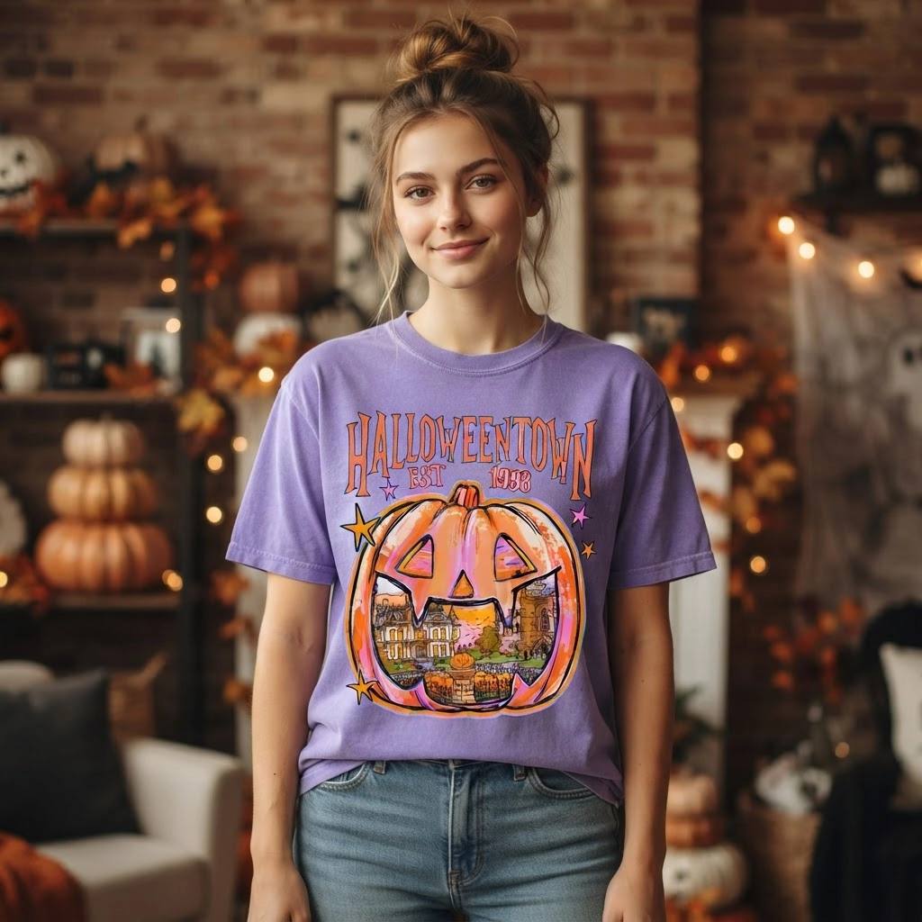 Halloweentown Pumpkin Graphic Retro Design, T-Shirt, Spooky Season Pepper