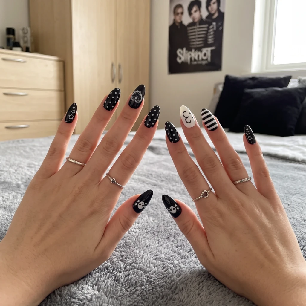 Black And White Emo Skull Lace Heart, Almond Press On Nails, Everyday Wear