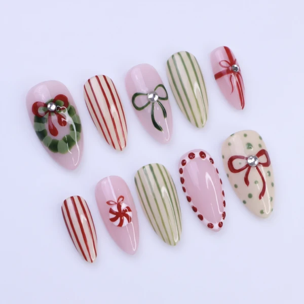 Red And Green Christmas Wreath Bow, Almond Press On Nails, Holiday Party