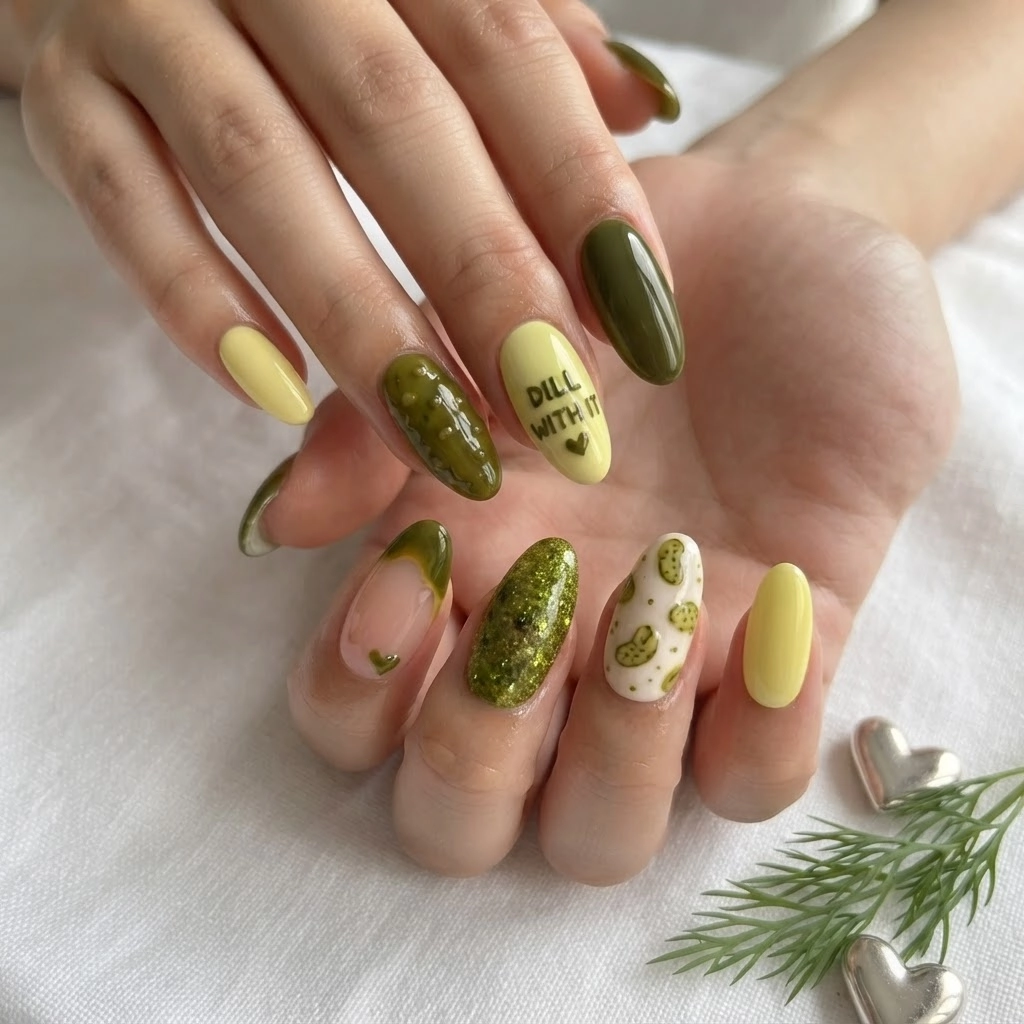 Green Pickle Food Art, Handmade Press On Nails, Cute Funny Everyday Wear