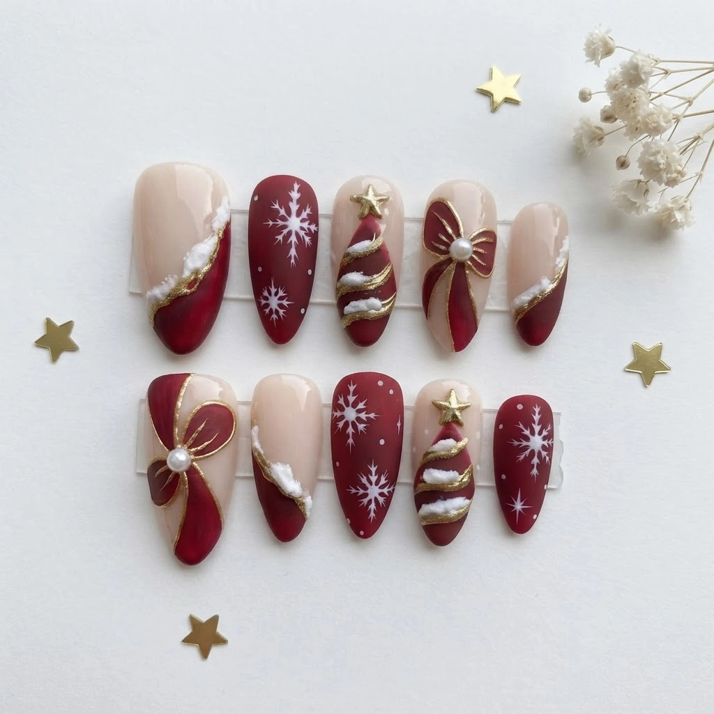 Red Christmas Tree Bow, Handmade Press On Nails, Festive Holiday Party Gift