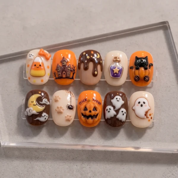 Orange And Brown 3D Ghost Pumpkin Art, Press On Nails, For Halloween Party