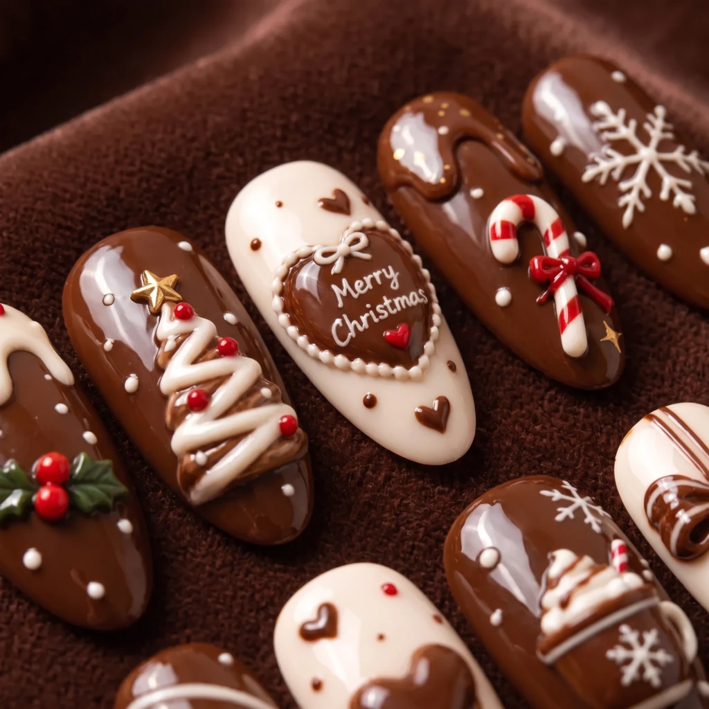 Chocolate Brown Christmas Candy And Bows, Press On Nails, Festive Holiday Gift