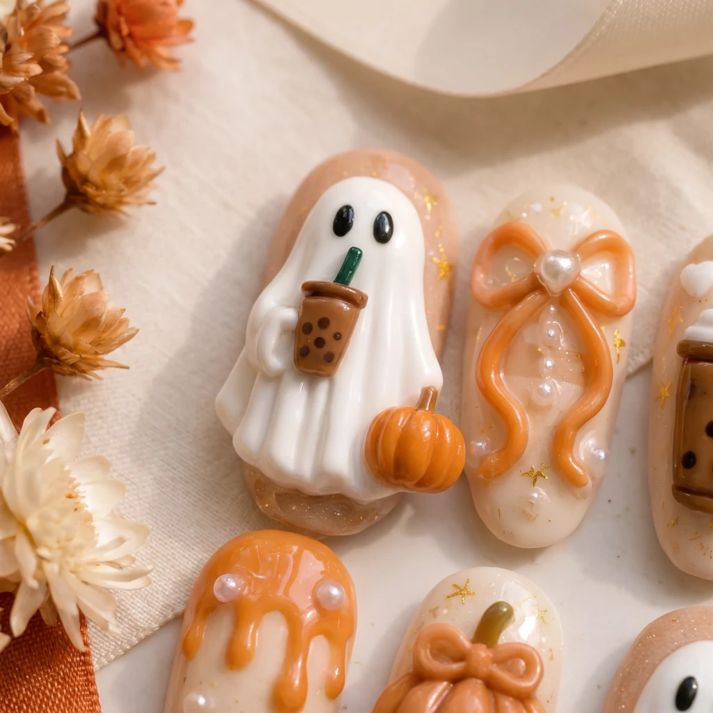 Orange 3D Ghost Boba And Pumpkin, Press On Nails, Cute Halloween Manicure