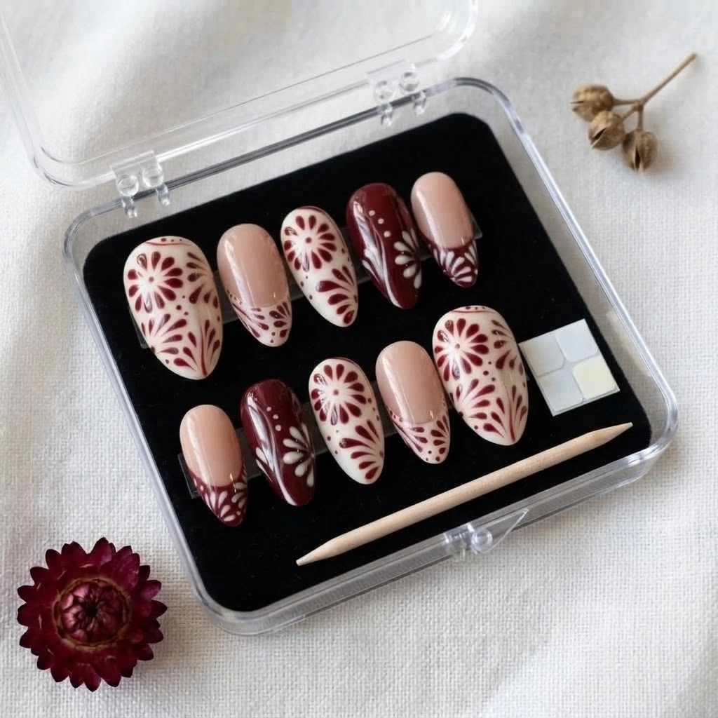 Maroon Boho Floral Art, Handmade Press On Nails Set, Everyday & Event Wear