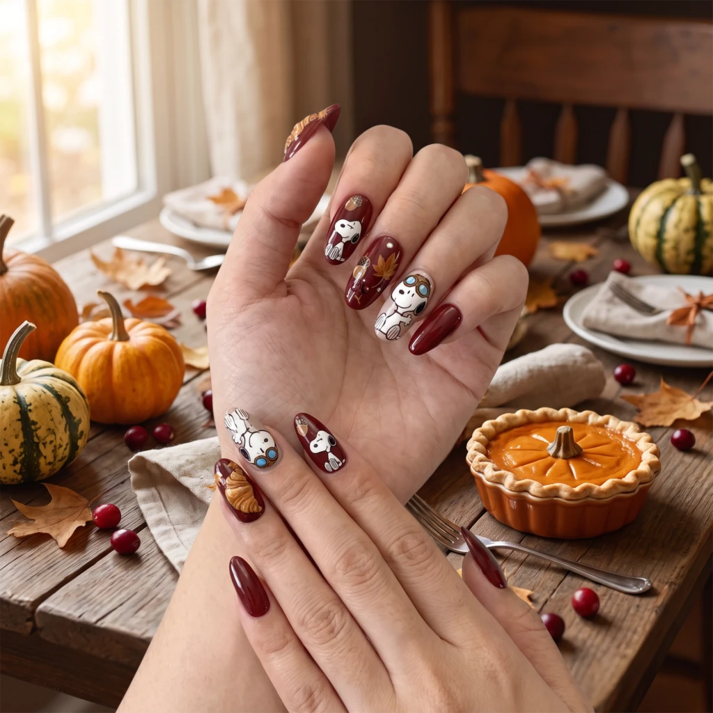 Burgundy Snoopy Thanksgiving Art, Almond Press On Nails, Holiday Manicure