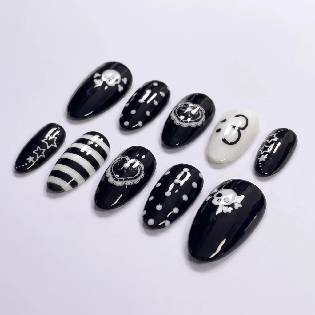 Black And White Emo Skull Lace Heart, Almond Press On Nails, Everyday Wear