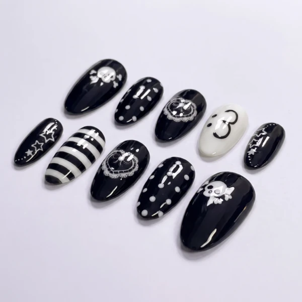 Black And White Emo Skull Lace Heart, Almond Press On Nails, Everyday Wear