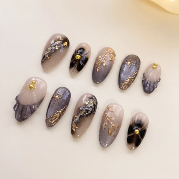 Black Aura Cat Eye Gold Star Nails, Short Almond Nails, Holiday Party Wear