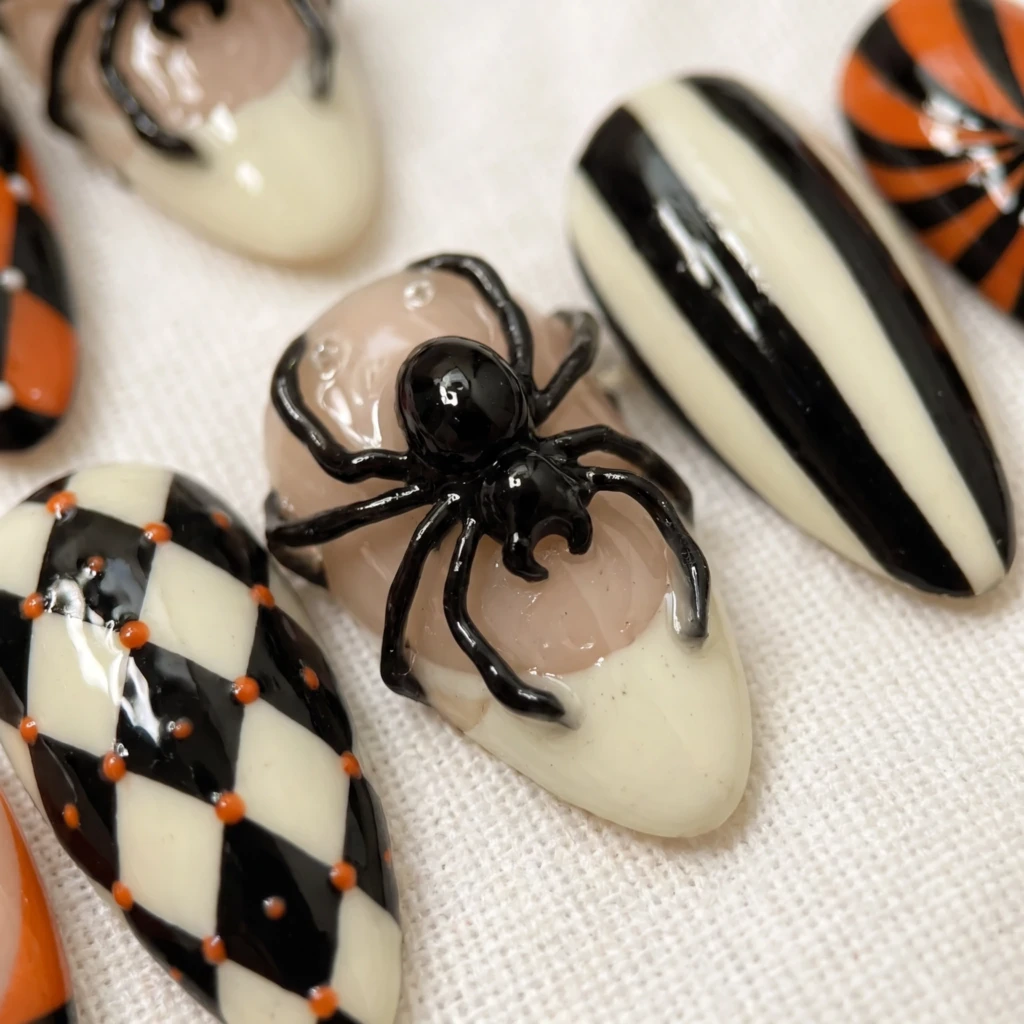 Orange Black 3D Spider Harlequin Design, Press On Nails, Halloween Costume