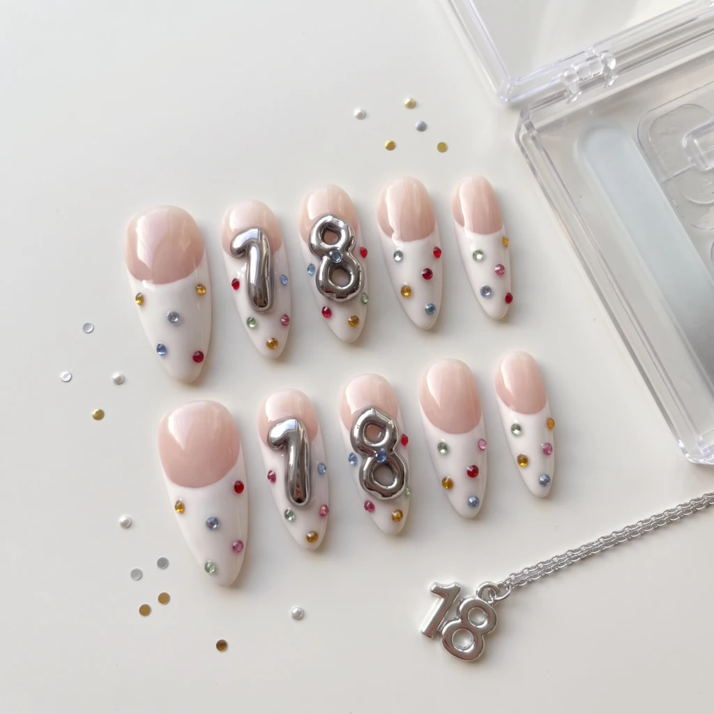 White French 3D Silver Number Gems, Glamorous Press On Nails, Birthday Present