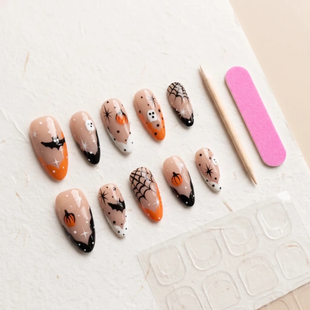 Orange Nude Ghost Pumpkin Art, Almond Press On Nails, Spooky Halloween Party