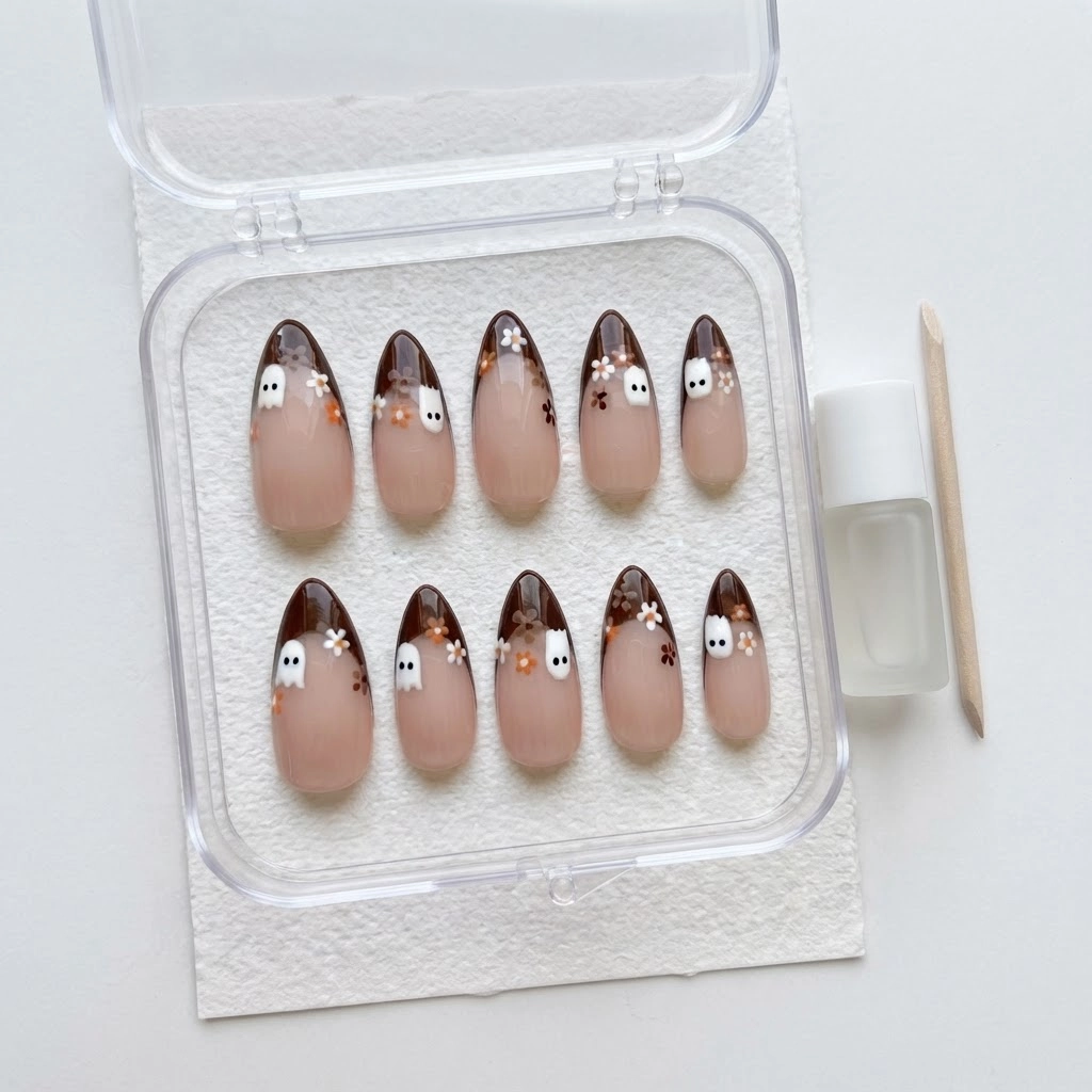 Brown Ghost Floral French Tip, Press On Nails, Autumn Halloween Nail Art