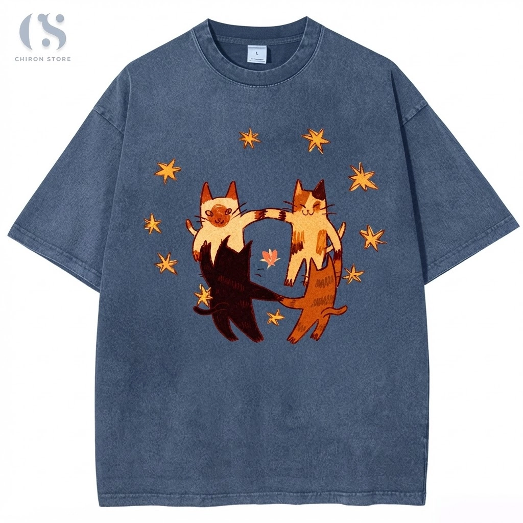 Dancing Cats Star Circle Washed Design, Comfort Colors Tee, Pepper Cat Gift