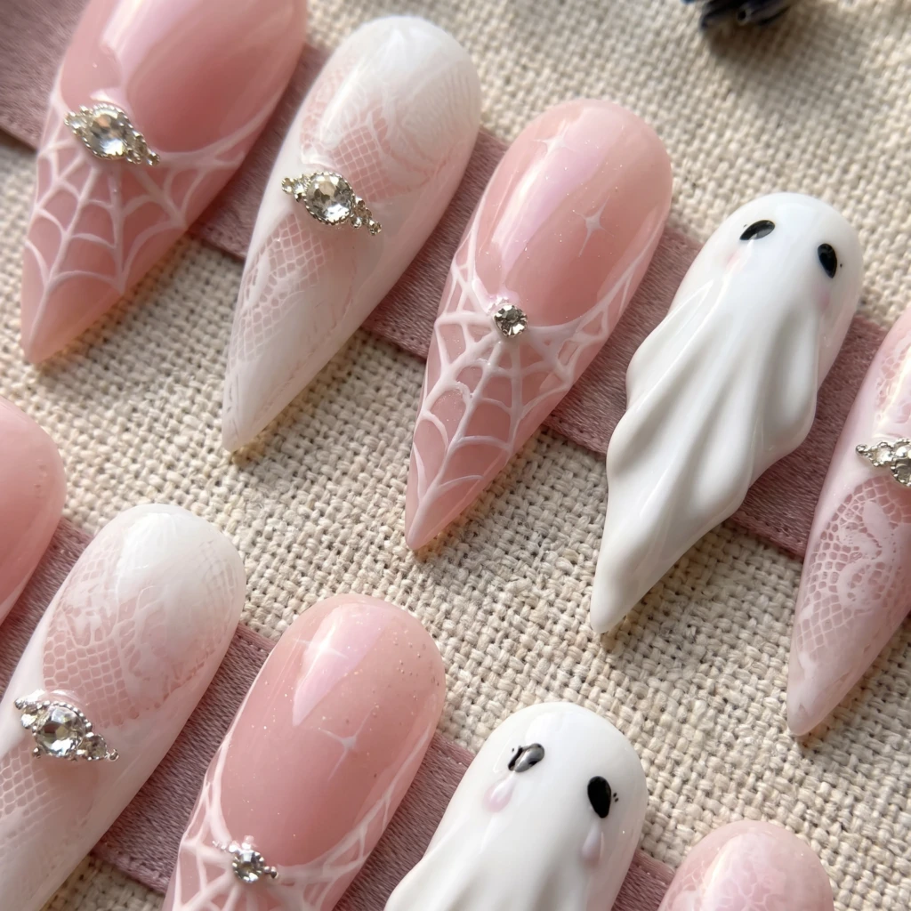 Pink Ghost Spiderweb With Rhinestones, Press On Nails, Halloween Party Gift