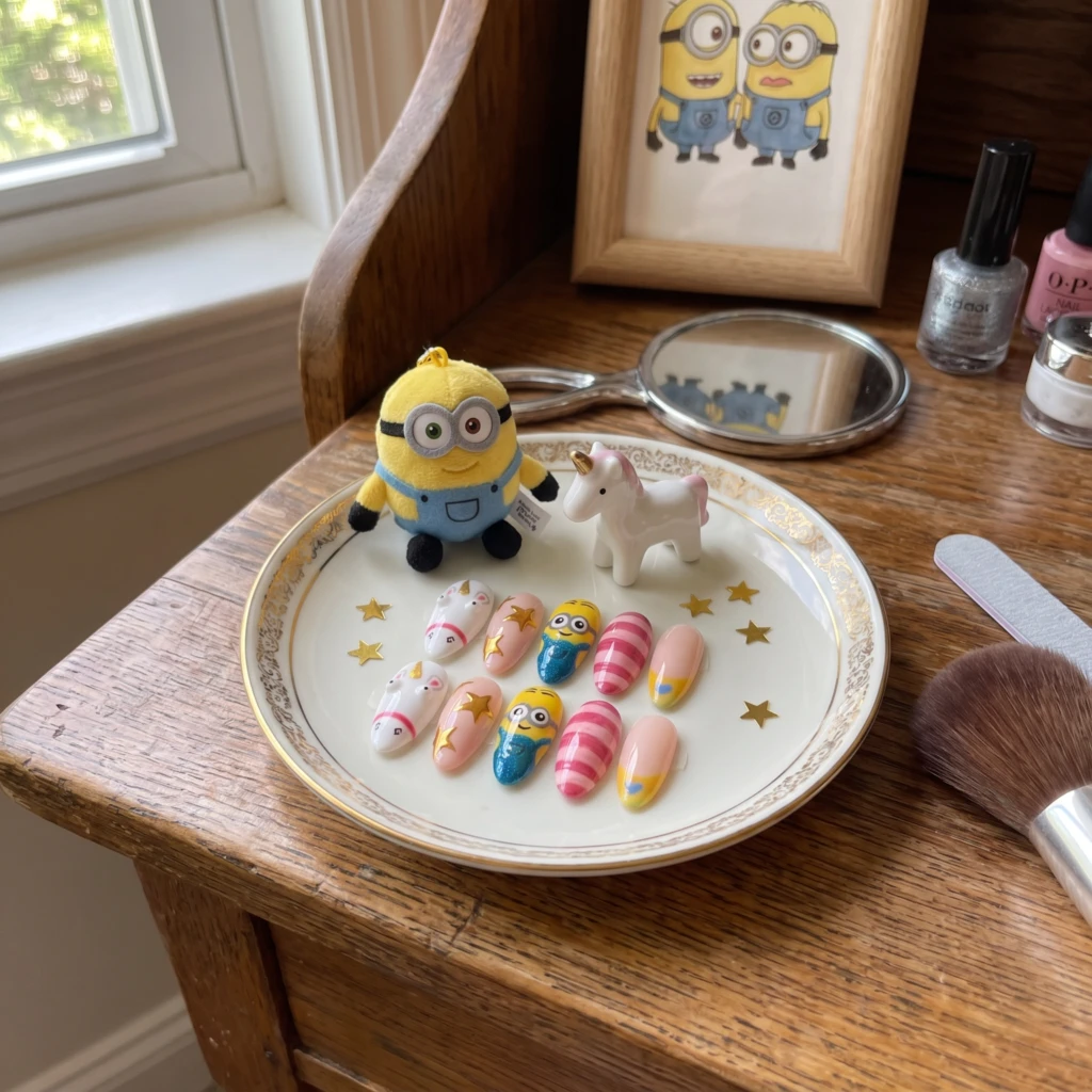 Yellow Minion Unicorn Painted, Almond Press On Nails, For Daily Cosplay Wear