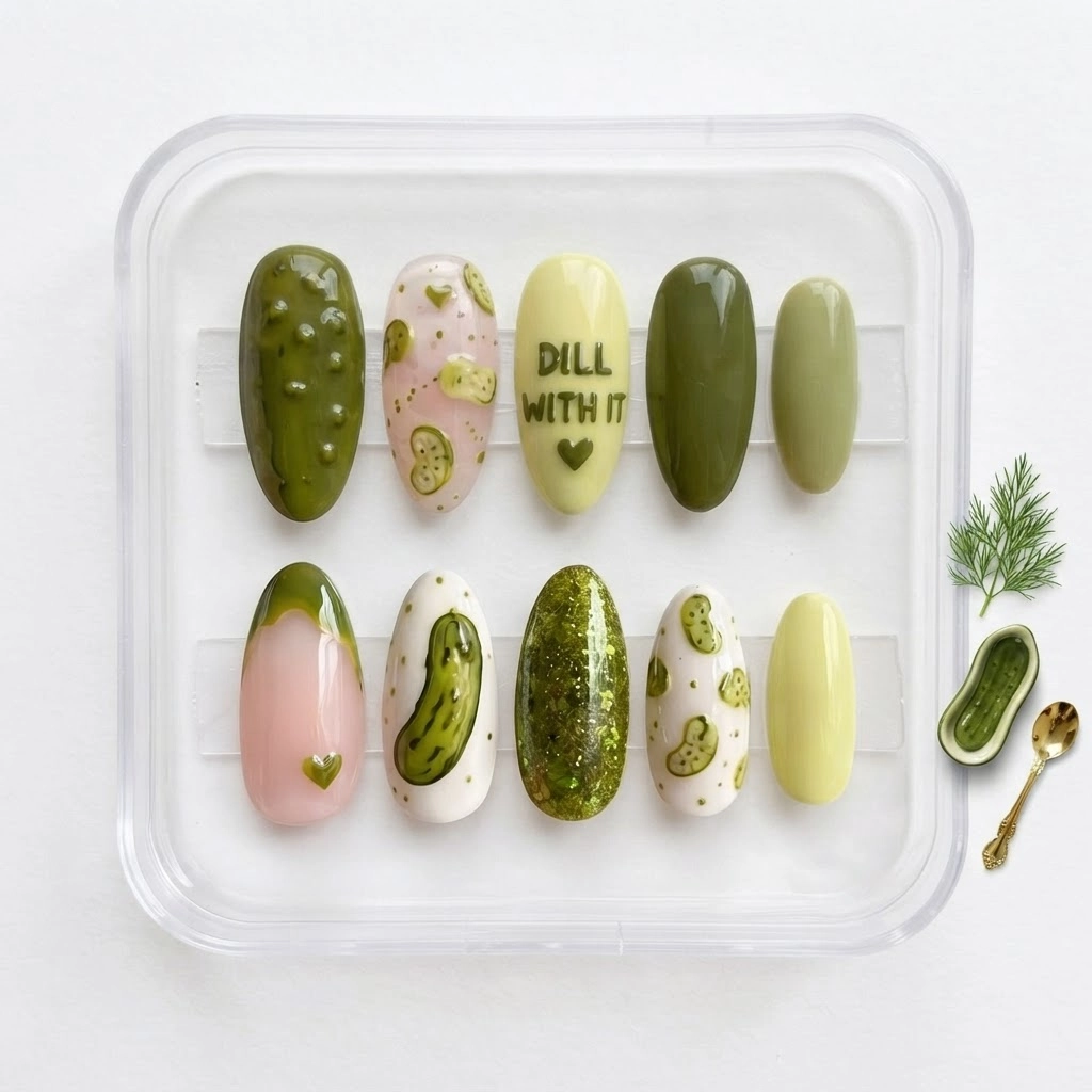 Green Pickle Food Art, Handmade Press On Nails, Cute Funny Everyday Wear