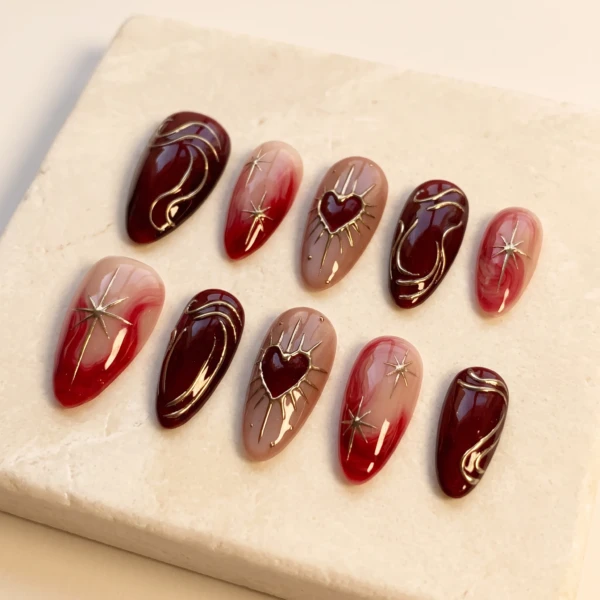 Burgundy Gold Chrome Heart Star, Almond Press On Nails, Holiday Party Look